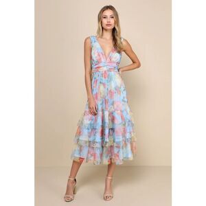 Lulus Perfectly Divine Blue Floral Tulle Tiered Ruffled Midi Dress M NWT